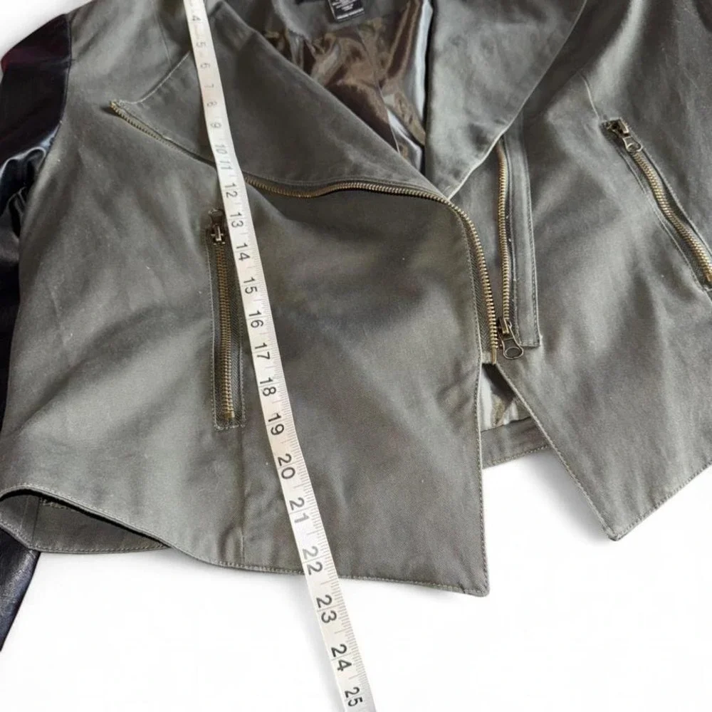 Olive Green w/Black Faux Leather Sleeves Y2K Biker Style Jacket‎ Ladies 18/20
